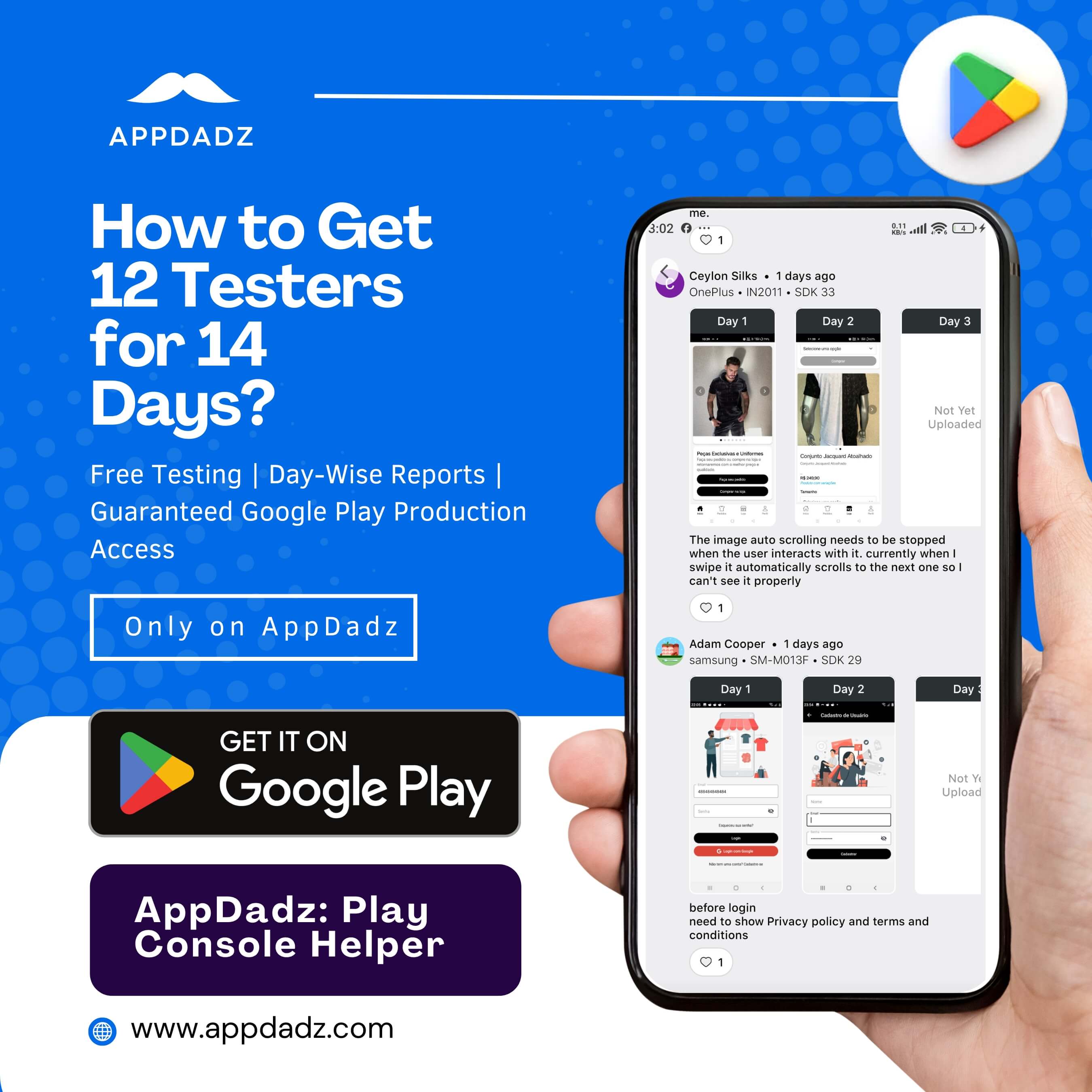 AppDadz app list screenshot showing pre-launch and high-credit apps for testing