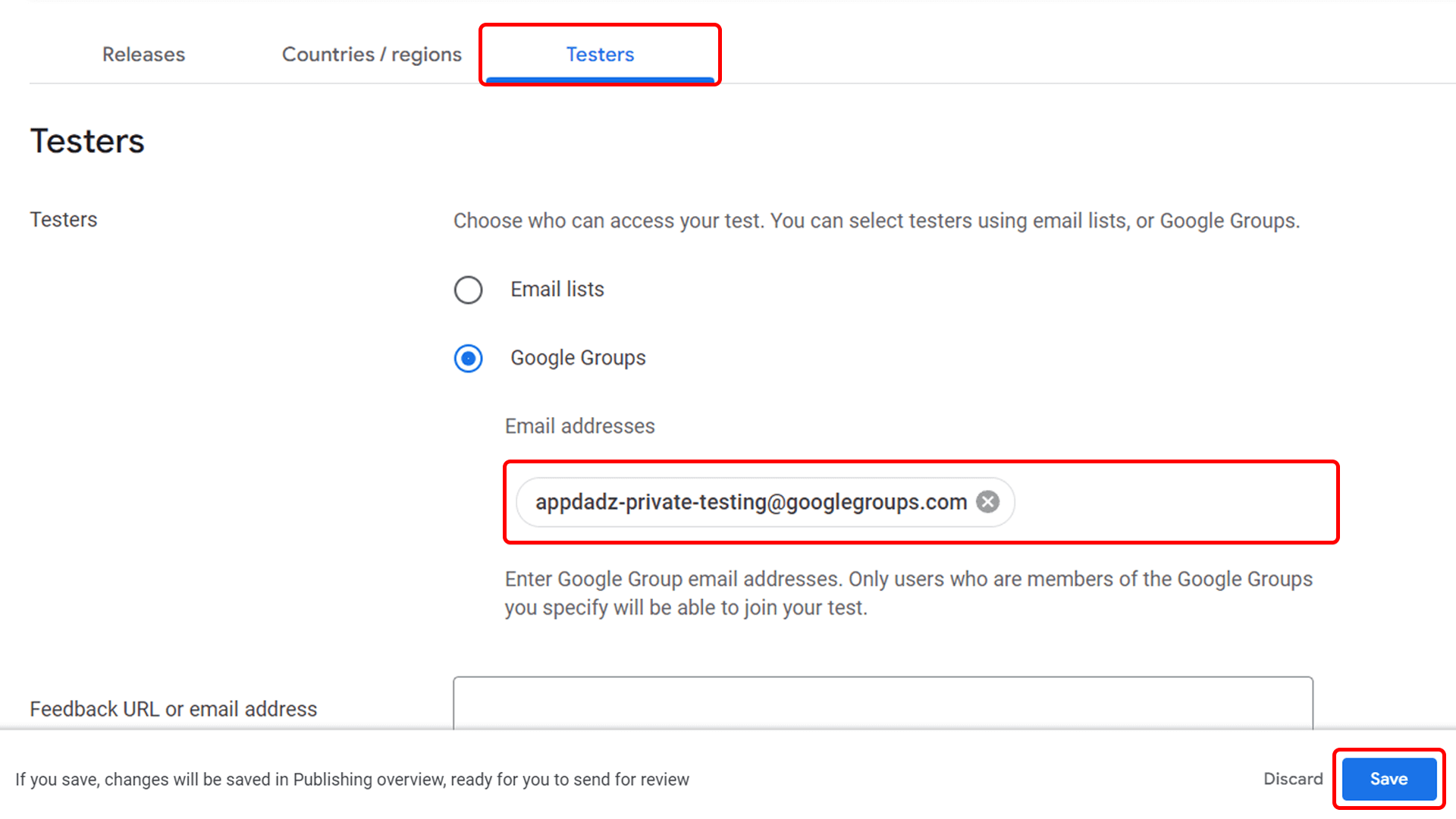 Menambahkan penguji Google Group dalam pengujian tertutup