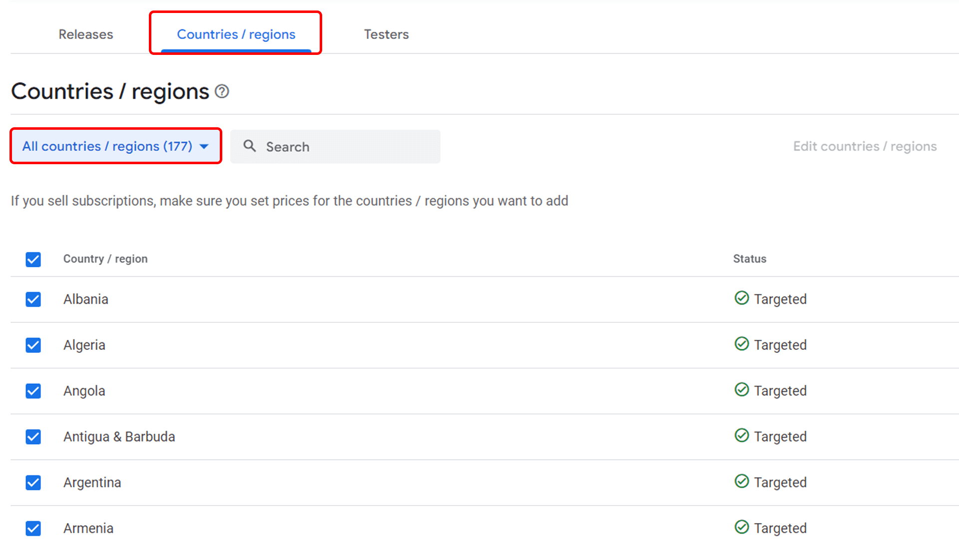 Memilih semua negara di Google Play Console