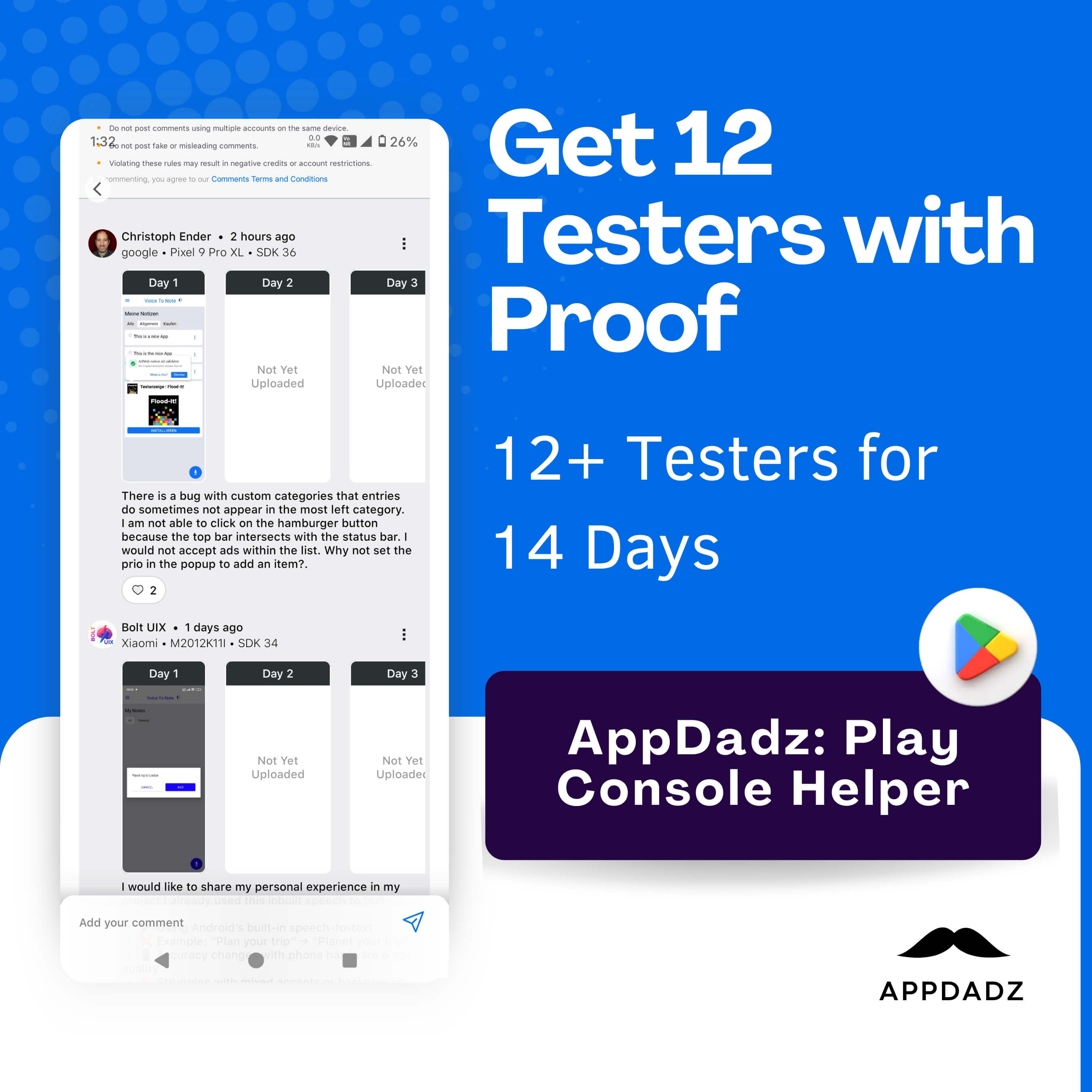 AppDadz feedback screenshot with user comments and day-wise tester details