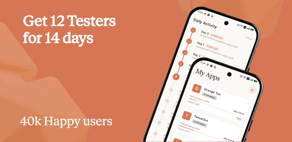 Testers Plus app showing a 14-day testing timeline