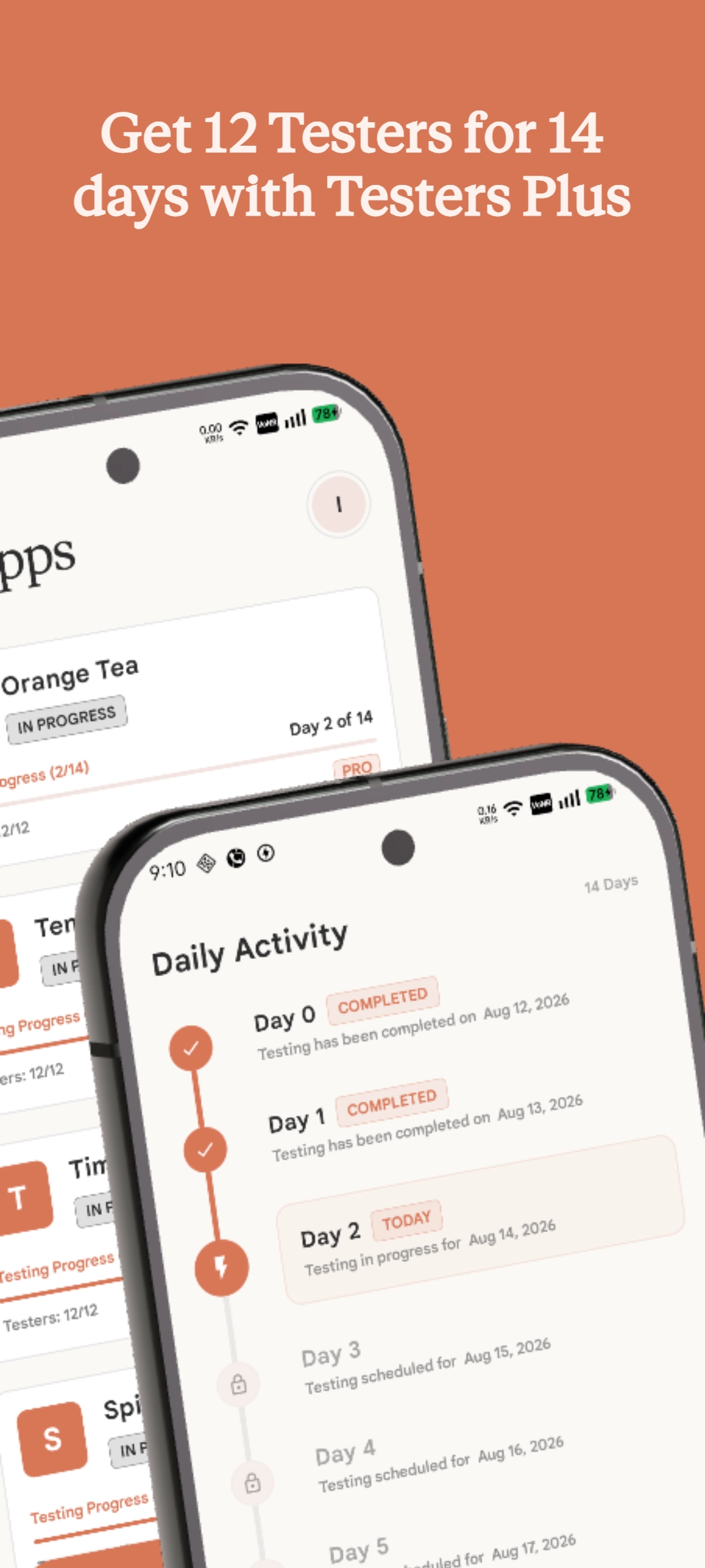 Testers Plus daily activity timeline and app list